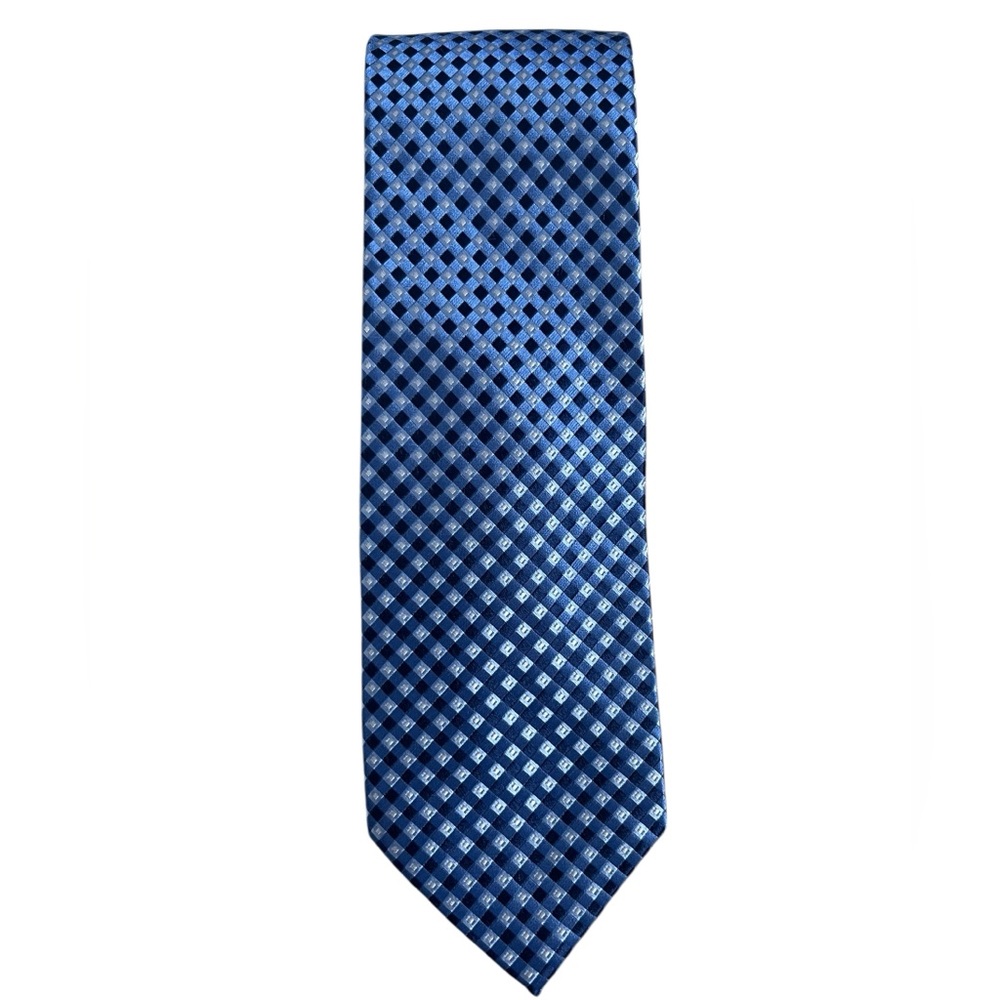 Michael Kors Blue Silk Tie Geometric Check Pattern Luxury Necktie
